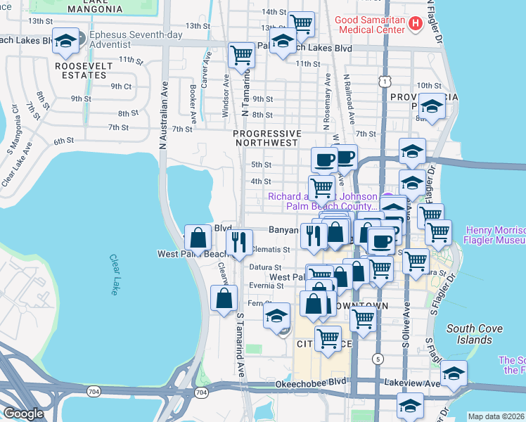 map of restaurants, bars, coffee shops, grocery stores, and more near 906 2nd Street in West Palm Beach