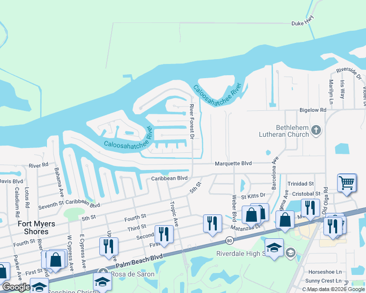 map of restaurants, bars, coffee shops, grocery stores, and more near 13529 Island Road in Fort Myers