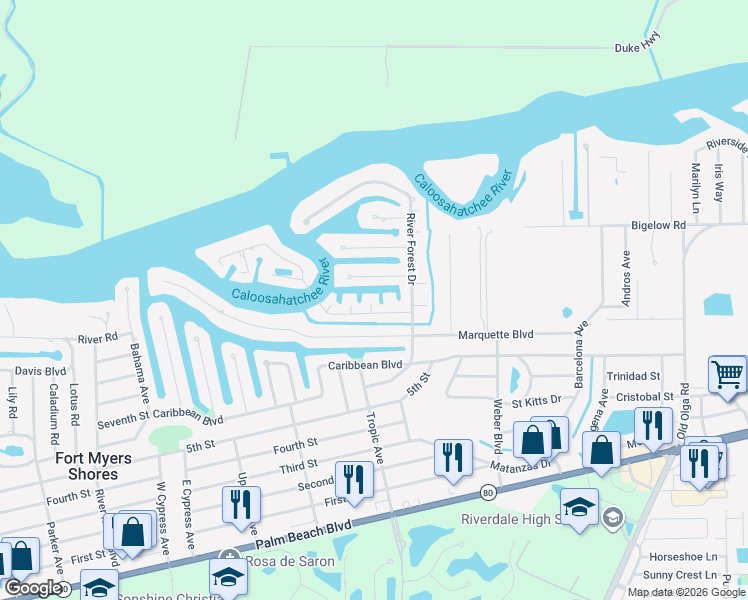 map of restaurants, bars, coffee shops, grocery stores, and more near 13529 Island Road in Fort Myers
