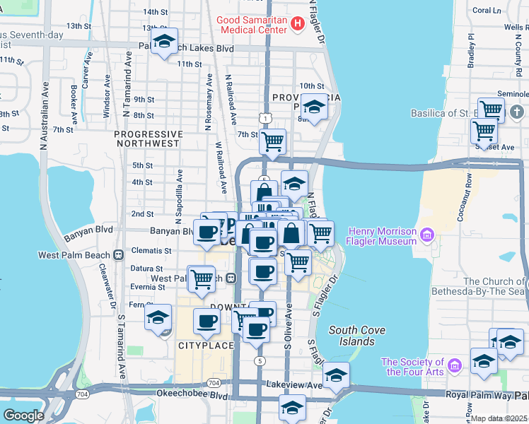 map of restaurants, bars, coffee shops, grocery stores, and more near 294 North Dixie Highway in West Palm Beach