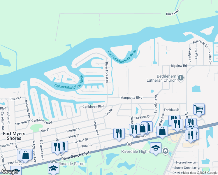 map of restaurants, bars, coffee shops, grocery stores, and more near 13714 River Forest Drive in Fort Myers