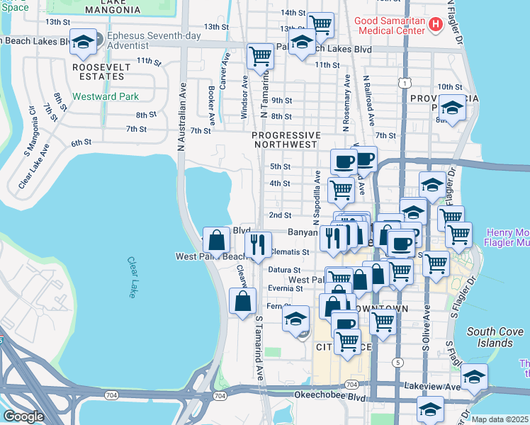 map of restaurants, bars, coffee shops, grocery stores, and more near 1009 Banyan Boulevard in West Palm Beach