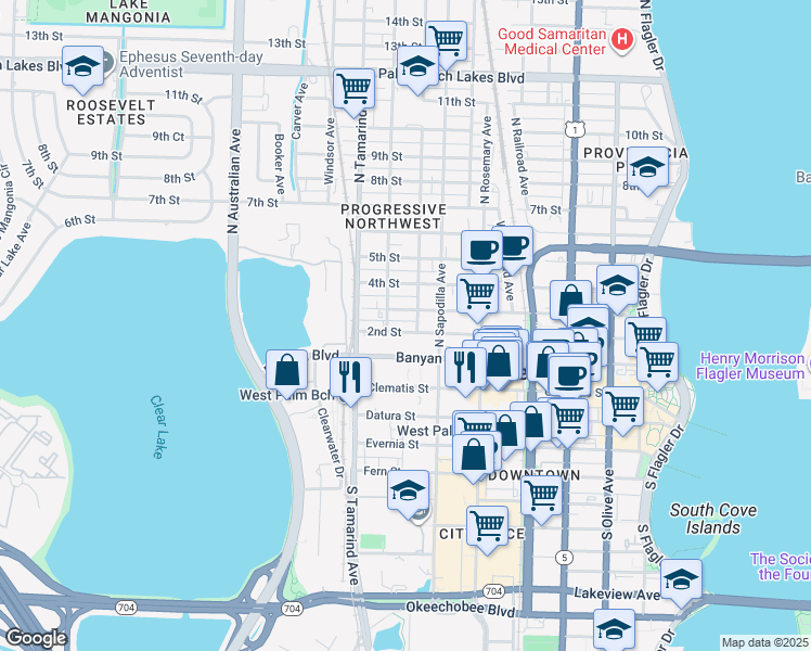 map of restaurants, bars, coffee shops, grocery stores, and more near 801 Banyan Boulevard in West Palm Beach