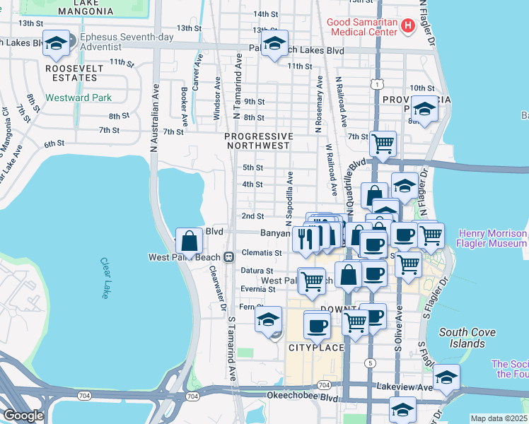 map of restaurants, bars, coffee shops, grocery stores, and more near 801 Banyan Boulevard in West Palm Beach