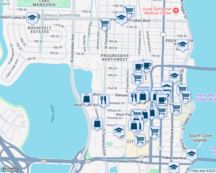 map of restaurants, bars, coffee shops, grocery stores, and more near 906 2nd Street in West Palm Beach