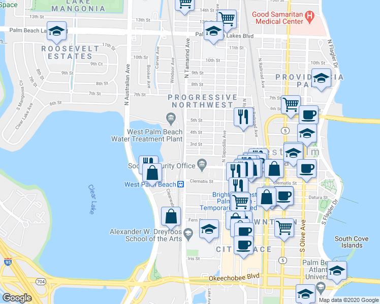 map of restaurants, bars, coffee shops, grocery stores, and more near 906 2nd Street in West Palm Beach