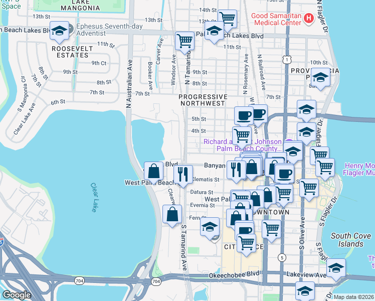 map of restaurants, bars, coffee shops, grocery stores, and more near 1009 Banyan Boulevard in West Palm Beach