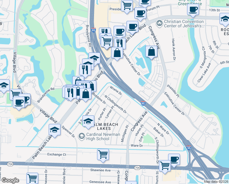 map of restaurants, bars, coffee shops, grocery stores, and more near 206 Laken Drive in West Palm Beach