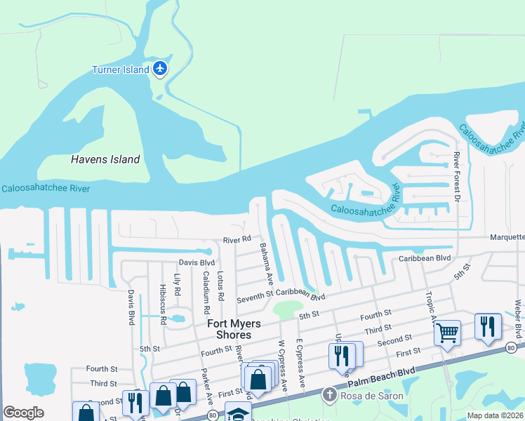 map of restaurants, bars, coffee shops, grocery stores, and more near 1998 Bahama Avenue in Fort Myers