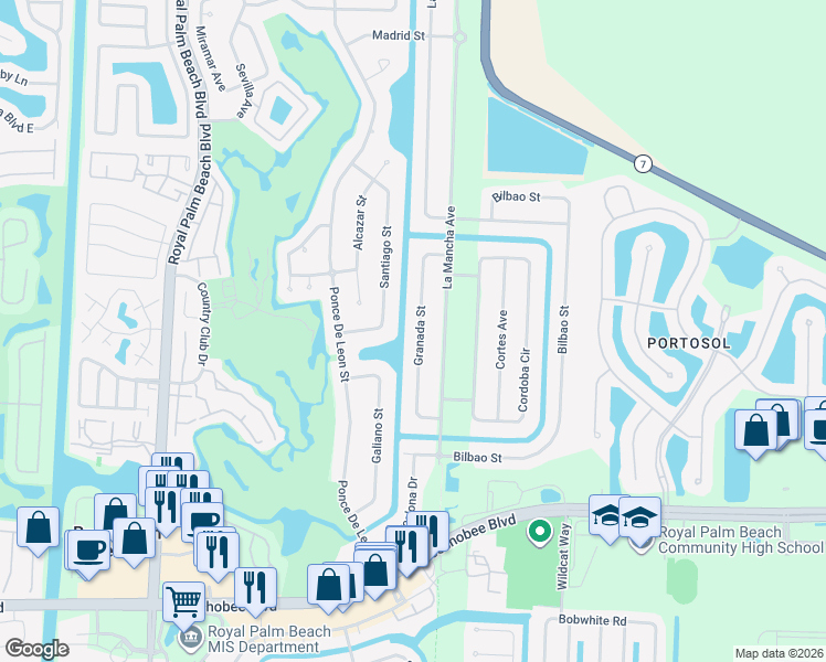 map of restaurants, bars, coffee shops, grocery stores, and more near 132 Granada Street in Royal Palm Beach