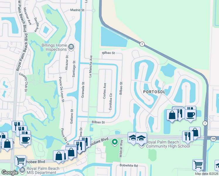 map of restaurants, bars, coffee shops, grocery stores, and more near 144 Cordoba Circle in Royal Palm Beach