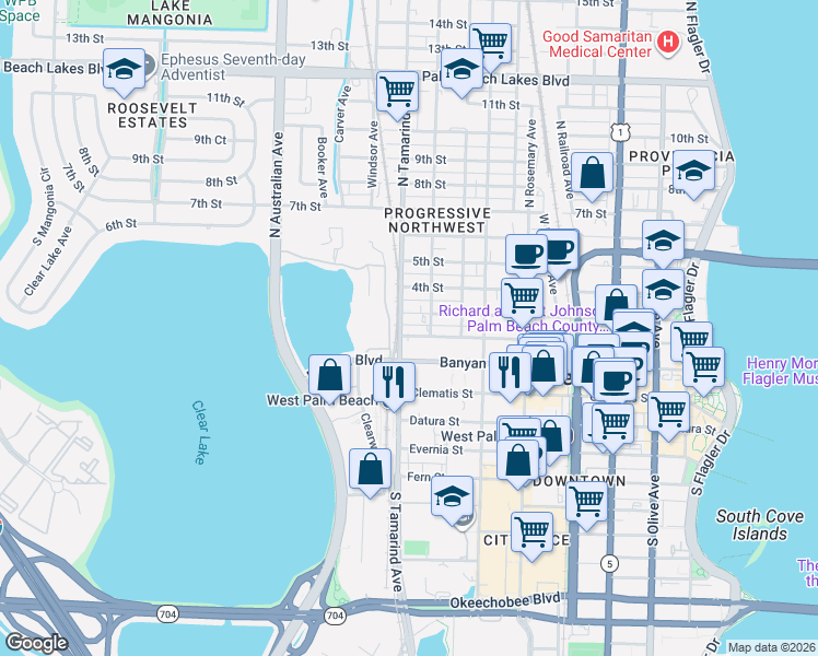 map of restaurants, bars, coffee shops, grocery stores, and more near 901 3rd Street in West Palm Beach