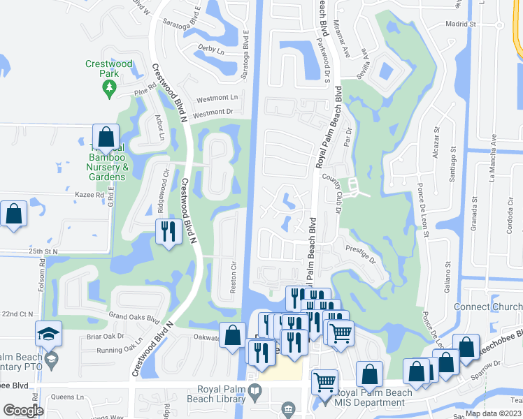 map of restaurants, bars, coffee shops, grocery stores, and more near 28A Clinton Court in Royal Palm Beach