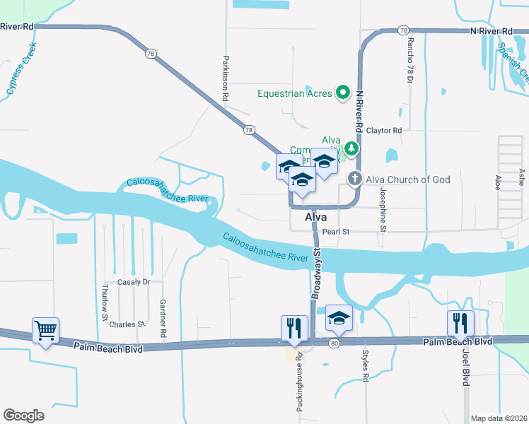 map of restaurants, bars, coffee shops, grocery stores, and more near 21230 North River Road in Alva