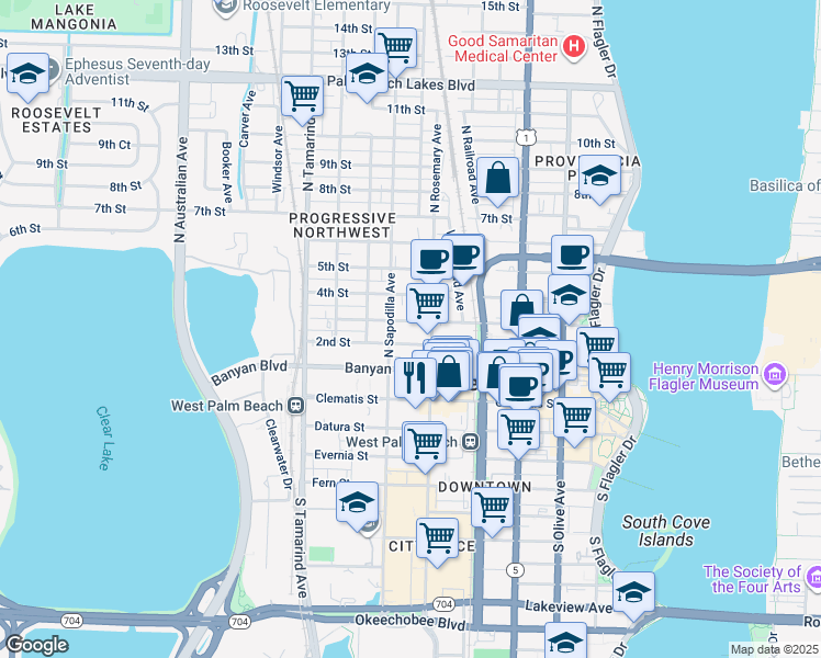 map of restaurants, bars, coffee shops, grocery stores, and more near 620 3rd Street in West Palm Beach