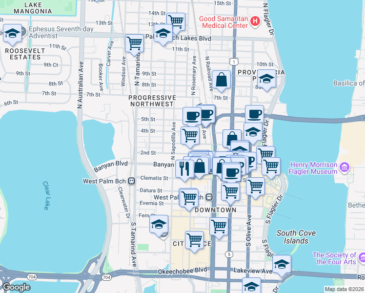 map of restaurants, bars, coffee shops, grocery stores, and more near 627 3rd Street in West Palm Beach