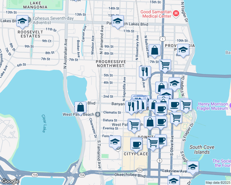 map of restaurants, bars, coffee shops, grocery stores, and more near 411 Division Avenue in West Palm Beach