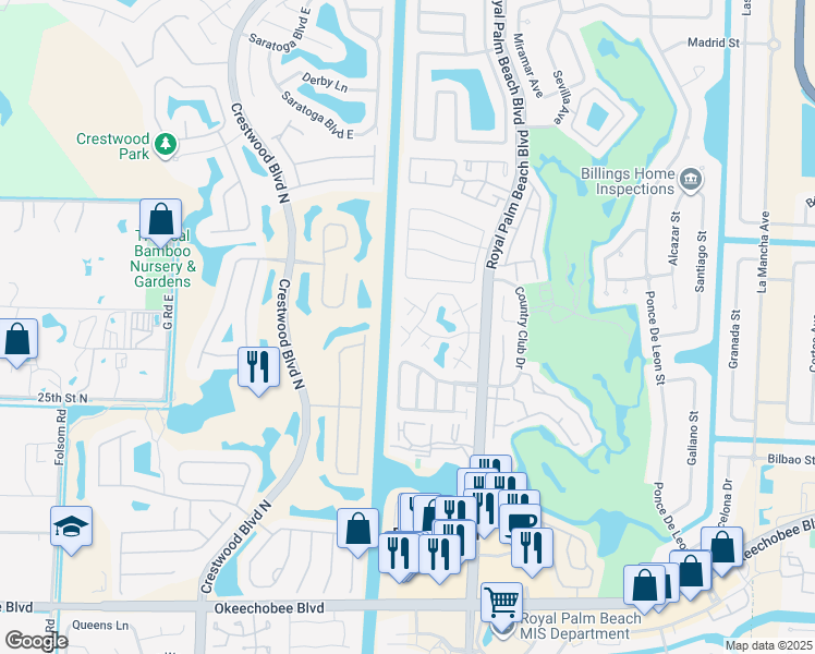 map of restaurants, bars, coffee shops, grocery stores, and more near 25 Bedford Court in Royal Palm Beach