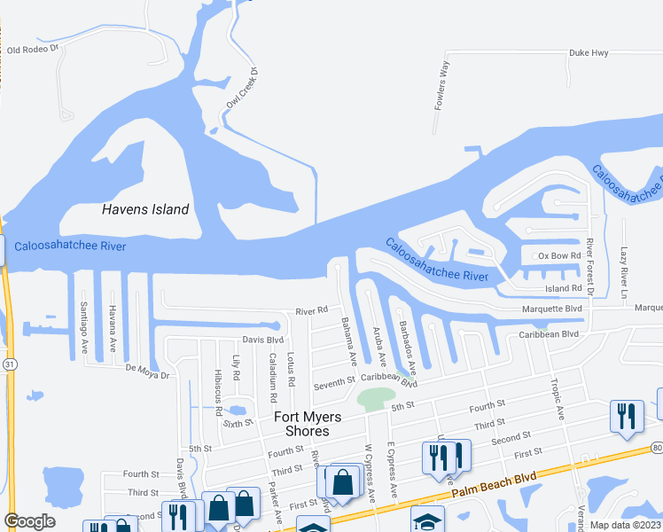 map of restaurants, bars, coffee shops, grocery stores, and more near 1957 Bahama Avenue in Fort Myers