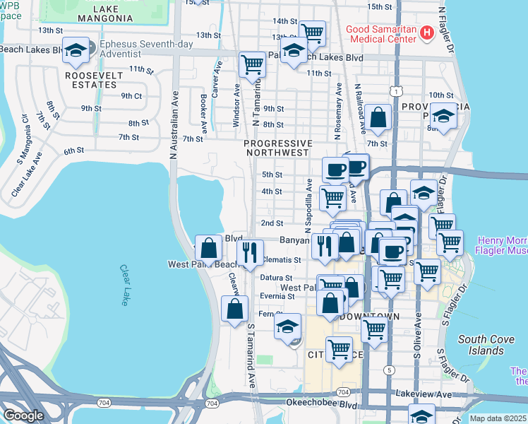 map of restaurants, bars, coffee shops, grocery stores, and more near 901 3rd Street in West Palm Beach