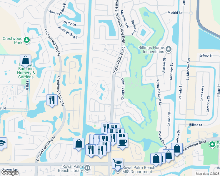 map of restaurants, bars, coffee shops, grocery stores, and more near 1 Amherst Court in Royal Palm Beach