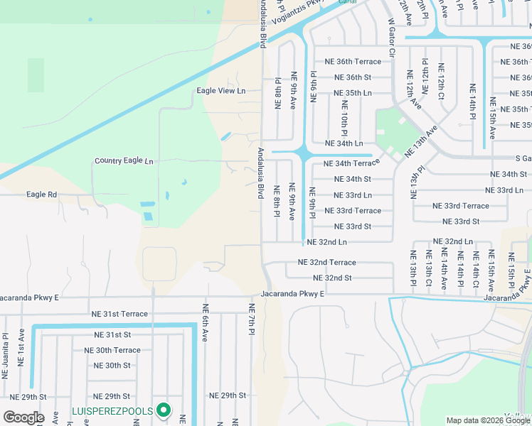map of restaurants, bars, coffee shops, grocery stores, and more near 3319 Andalusia Boulevard in Cape Coral