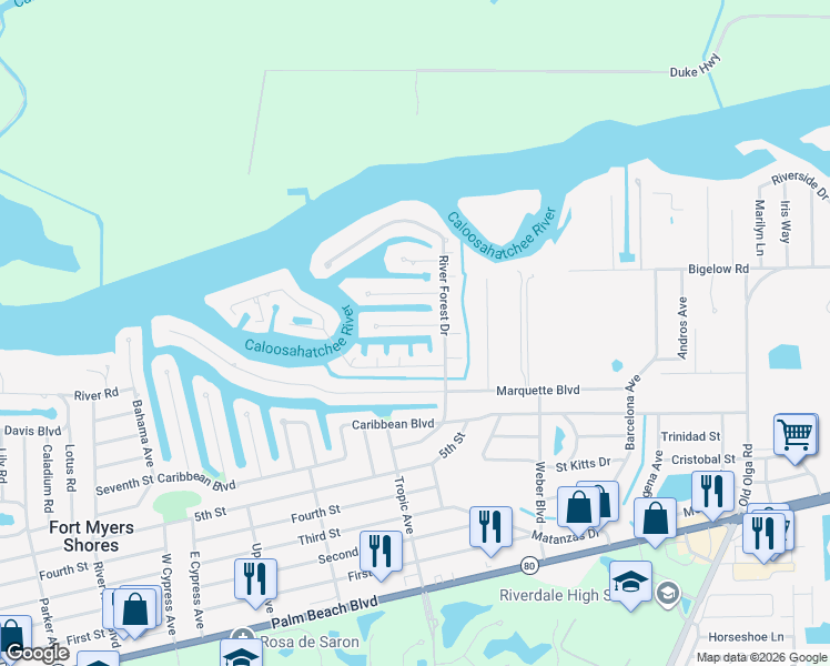 map of restaurants, bars, coffee shops, grocery stores, and more near 13871 Ox Bow Road in Fort Myers