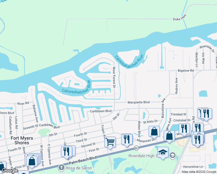map of restaurants, bars, coffee shops, grocery stores, and more near 13871 Ox Bow Road in Fort Myers