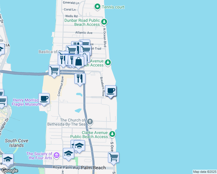 map of restaurants, bars, coffee shops, grocery stores, and more near 1 South County Road in Palm Beach