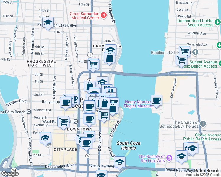 map of restaurants, bars, coffee shops, grocery stores, and more near 400 North Flagler Drive in West Palm Beach