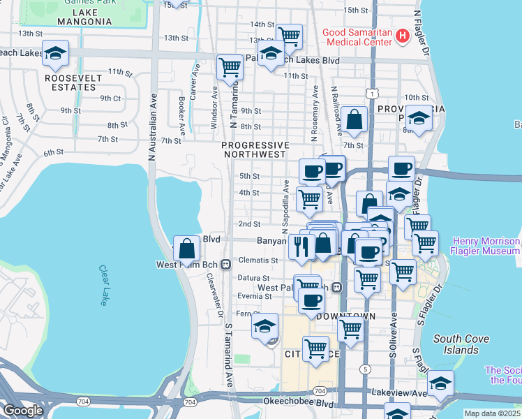 map of restaurants, bars, coffee shops, grocery stores, and more near 411 Division Avenue in West Palm Beach