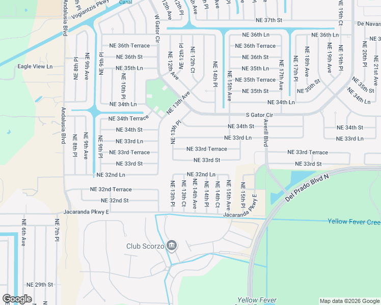 map of restaurants, bars, coffee shops, grocery stores, and more near 1334 Northeast 33rd Terrace in Cape Coral