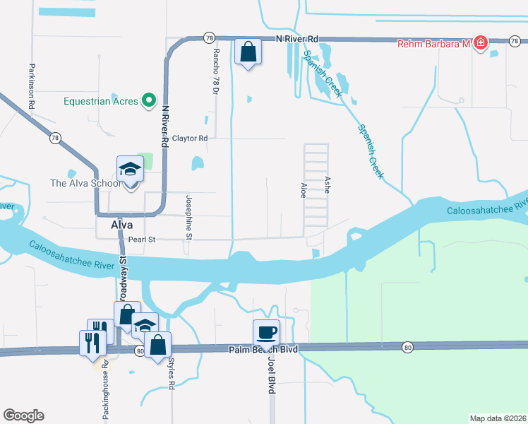 map of restaurants, bars, coffee shops, grocery stores, and more near 17331 Rewis Road in Alva