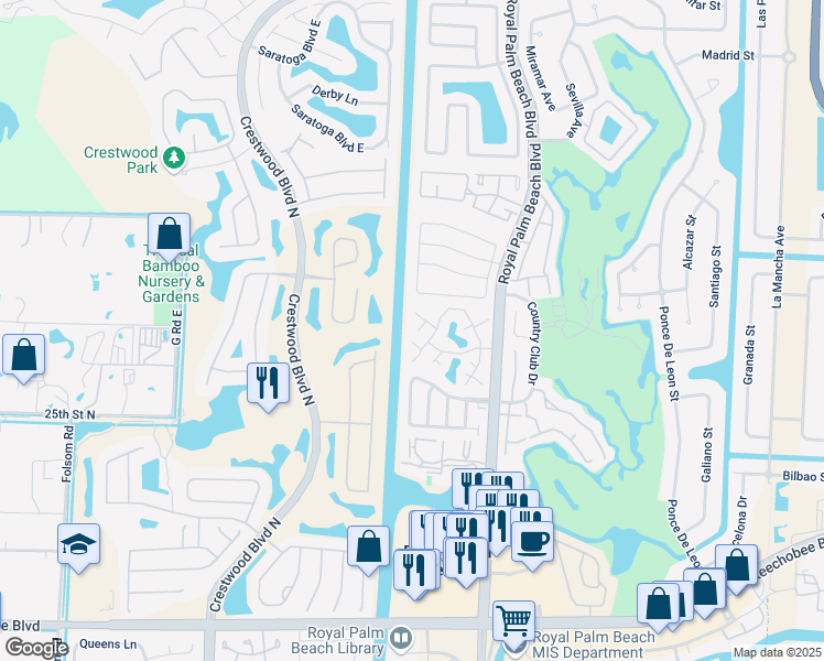 map of restaurants, bars, coffee shops, grocery stores, and more near 25 Bedford Court in Royal Palm Beach