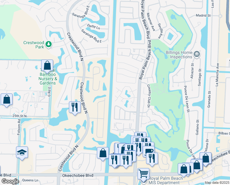 map of restaurants, bars, coffee shops, grocery stores, and more near 25 Bedford Court in Royal Palm Beach