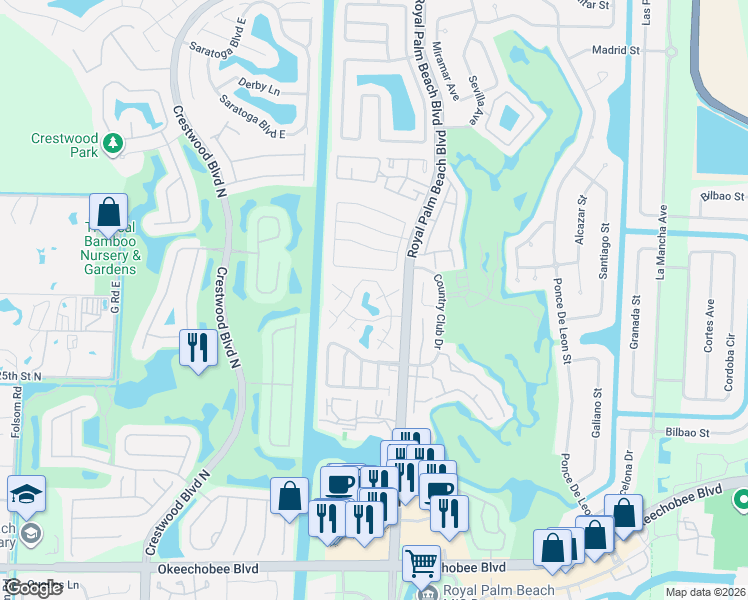 map of restaurants, bars, coffee shops, grocery stores, and more near 14 Amherst Court in Royal Palm Beach