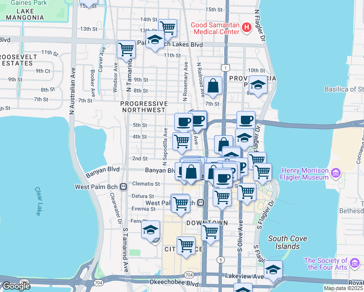 map of restaurants, bars, coffee shops, grocery stores, and more near 410 North Rosemary Avenue in West Palm Beach