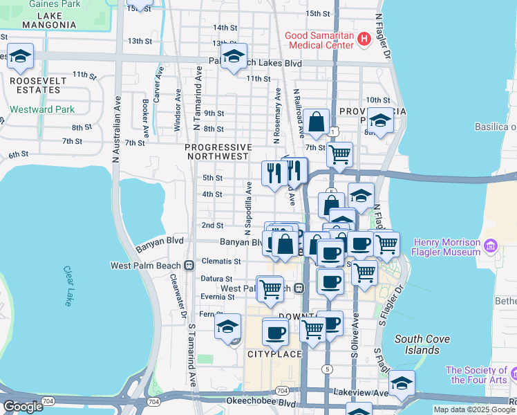 map of restaurants, bars, coffee shops, grocery stores, and more near 627 3rd Street in West Palm Beach