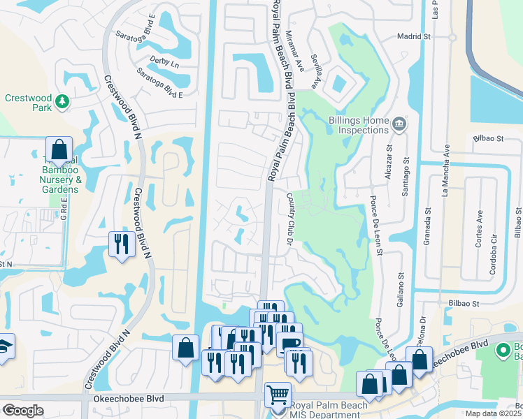 map of restaurants, bars, coffee shops, grocery stores, and more near 2 Amherst Court in Royal Palm Beach