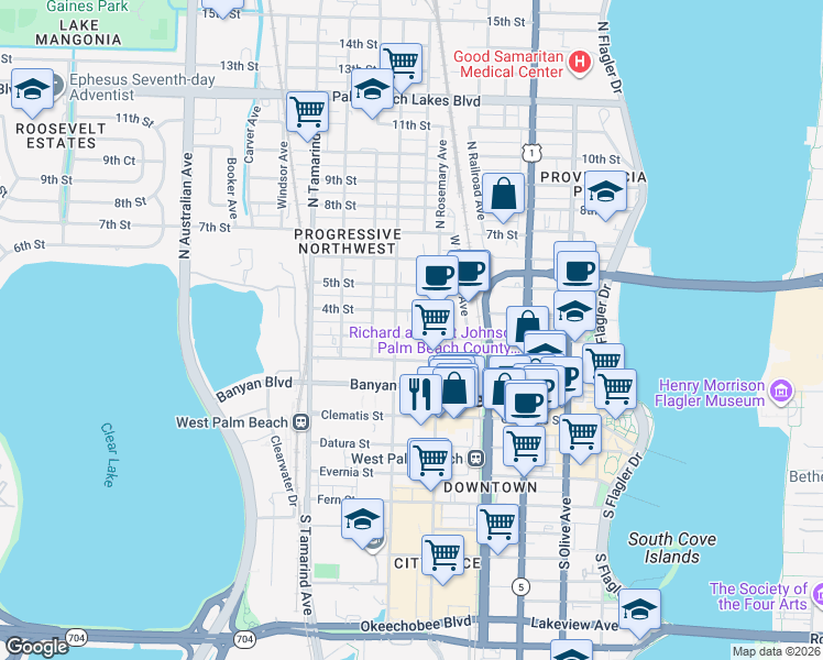 map of restaurants, bars, coffee shops, grocery stores, and more near 627 3rd Street in West Palm Beach