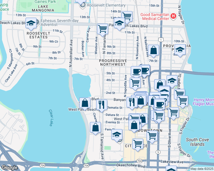 map of restaurants, bars, coffee shops, grocery stores, and more near 901 3rd Street in West Palm Beach