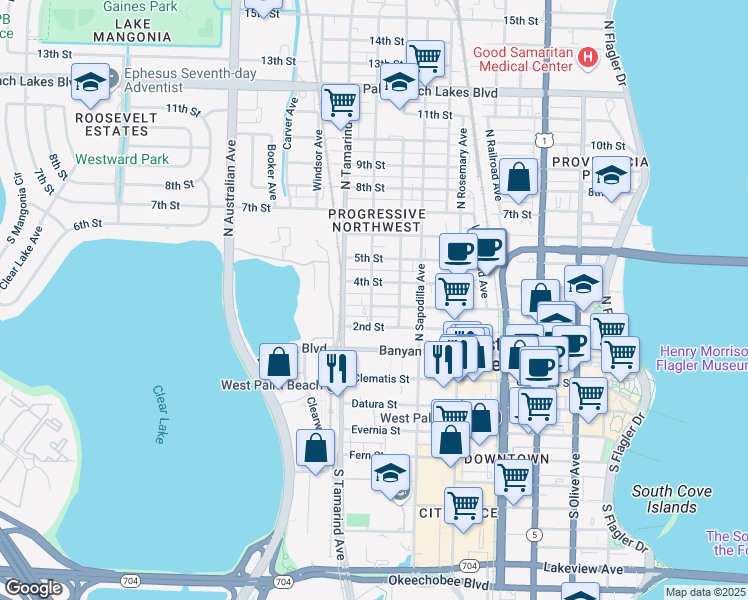 map of restaurants, bars, coffee shops, grocery stores, and more near 901 3rd Street in West Palm Beach