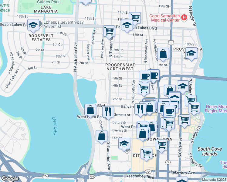 map of restaurants, bars, coffee shops, grocery stores, and more near 901 3rd Street in West Palm Beach
