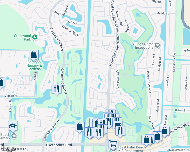 map of restaurants, bars, coffee shops, grocery stores, and more near 14 Amherst Court in Royal Palm Beach