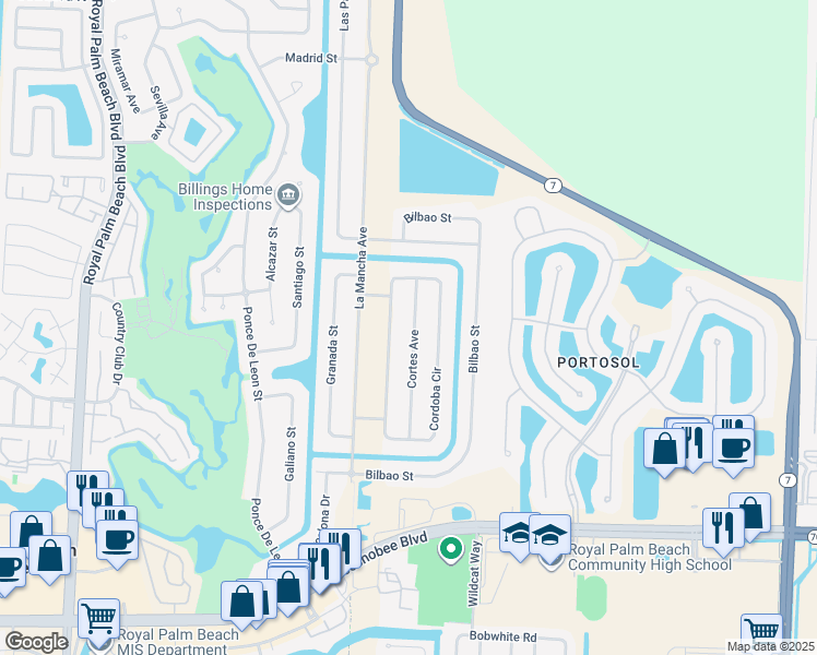 map of restaurants, bars, coffee shops, grocery stores, and more near 133 Cortes Avenue in Royal Palm Beach