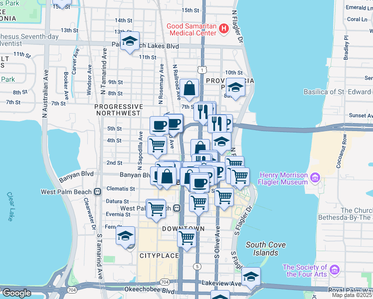 map of restaurants, bars, coffee shops, grocery stores, and more near 400 U.S. 1 in West Palm Beach