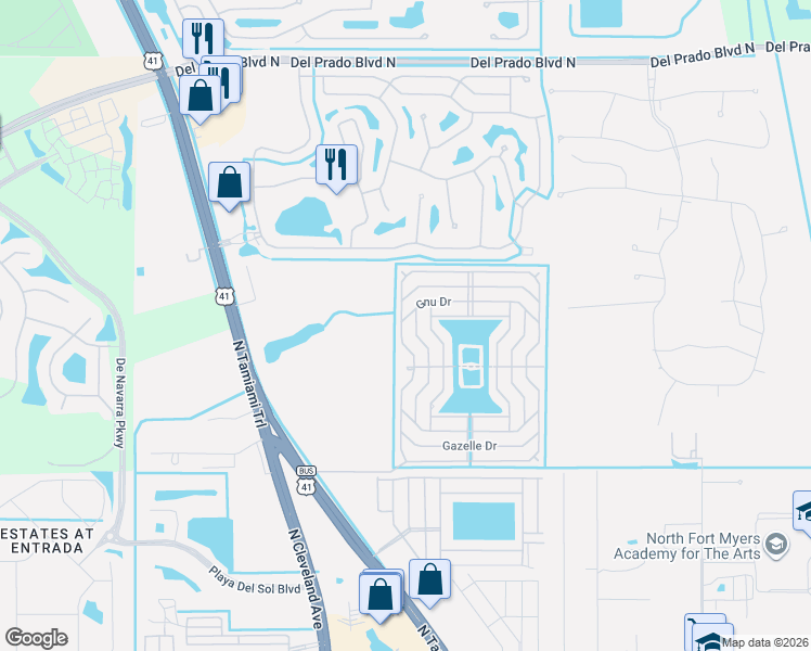 map of restaurants, bars, coffee shops, grocery stores, and more near 348 Eland Drive in North Fort Myers