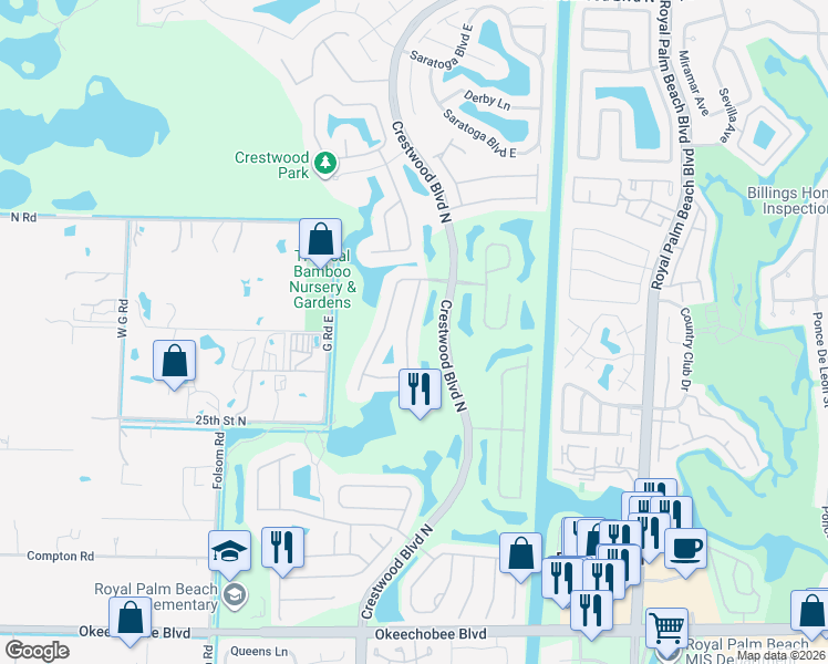 map of restaurants, bars, coffee shops, grocery stores, and more near 2295 Ridgewood Circle in Royal Palm Beach