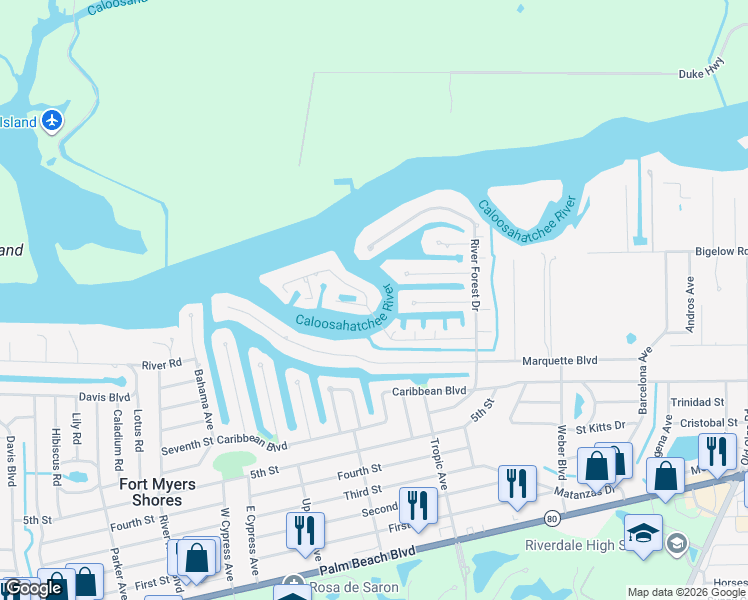 map of restaurants, bars, coffee shops, grocery stores, and more near 13396 Island Road in Fort Myers