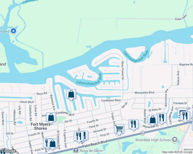 map of restaurants, bars, coffee shops, grocery stores, and more near 13396 Island Road in Fort Myers
